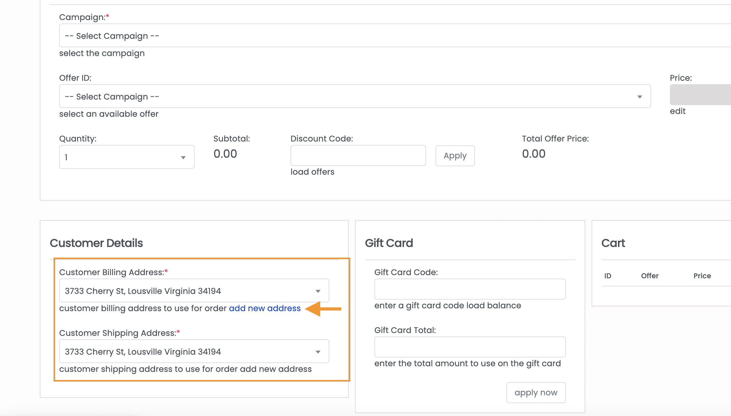 Creating a new address during order placement