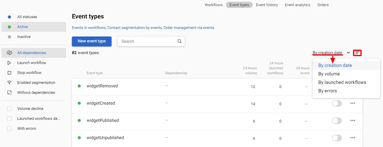 Additional filters to sort events