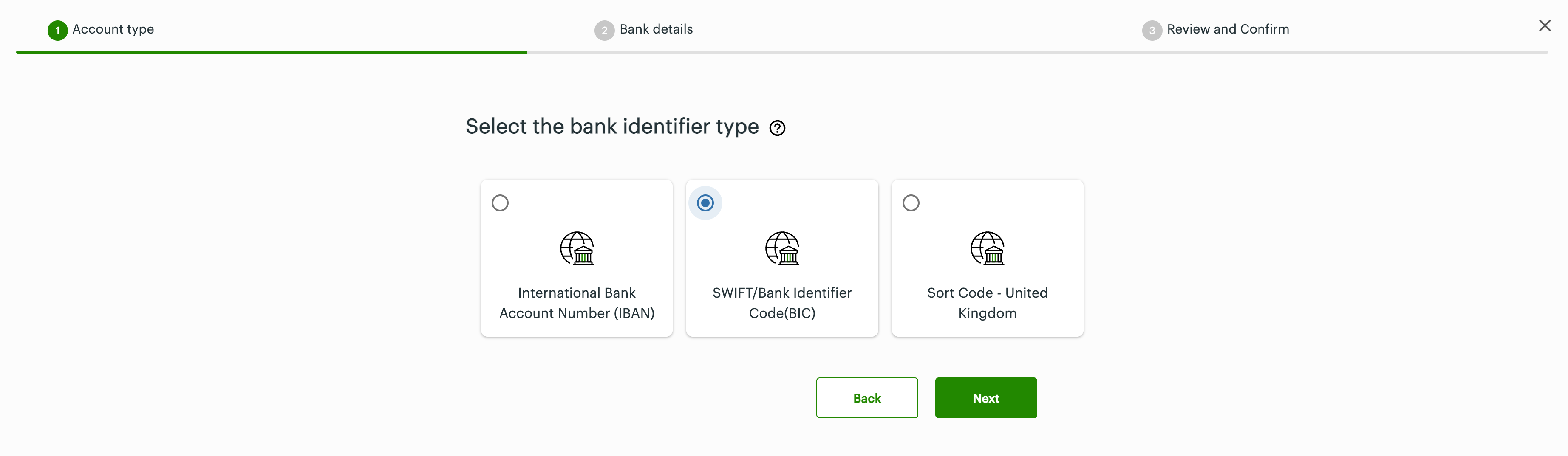 Select the bank identifier type: SWIFT/BIC