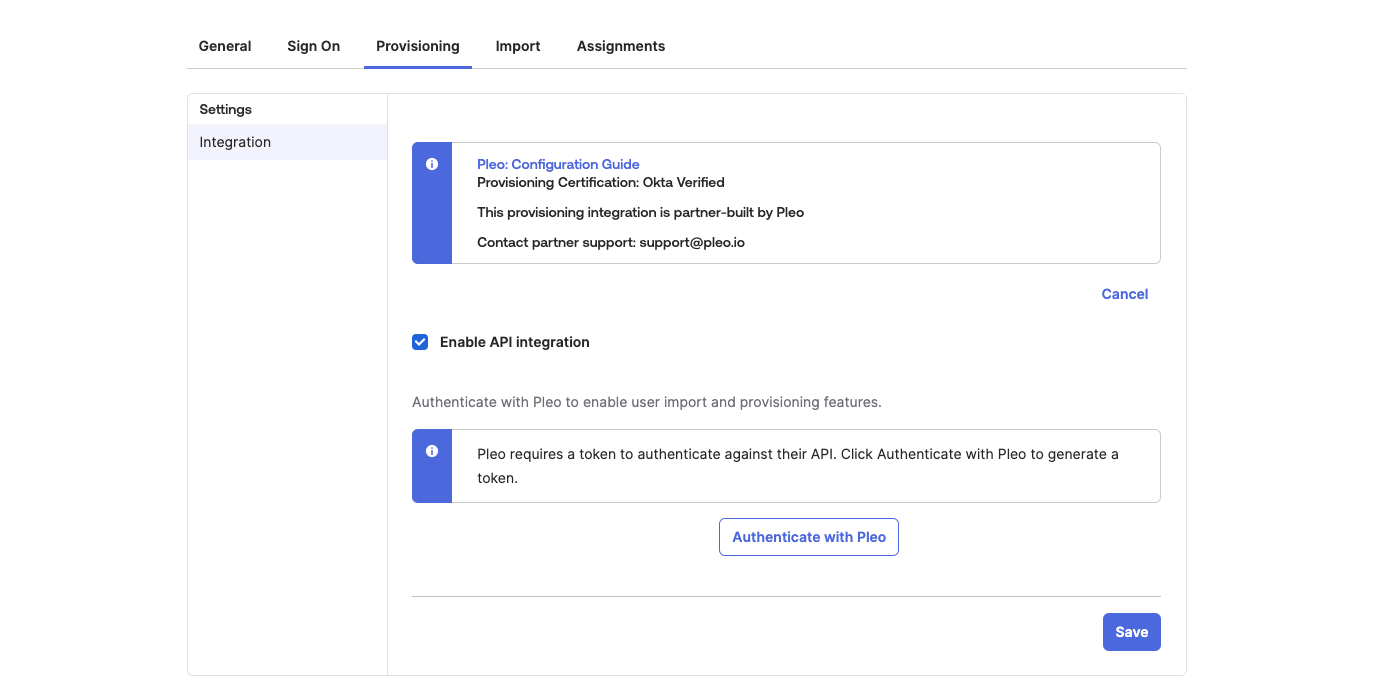 Screenshot showing how to enable the API integration with Pleo