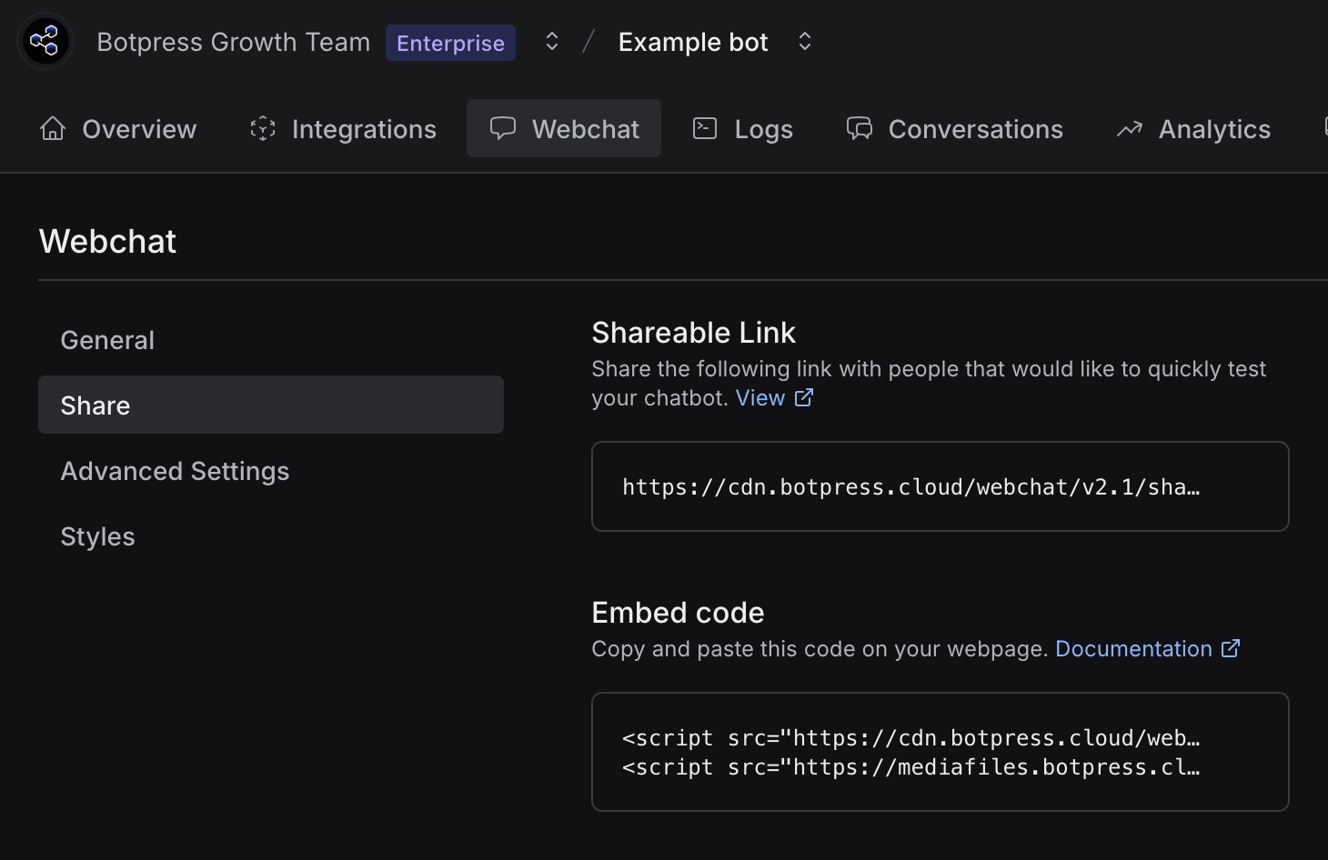 The image shows the "Webchat" tab of the Botpress interface, highlighting the "General" and "Share" sections. It includes a shareable link for testing the bot and an embed code for adding the webchat to a webpage. The left-hand menu lists "General," "Share," "Advanced Settings," and "Styles."