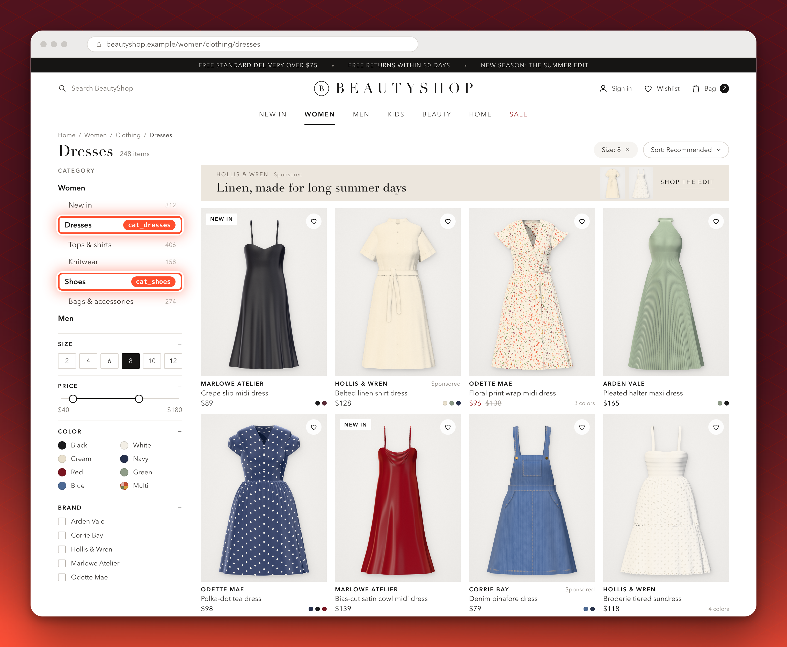 A fashion retailer's website on its Dresses page, with the Dresses and Shoes categories in the category list circled and labeled cat_dresses and cat_shoes, the keywords to send.
