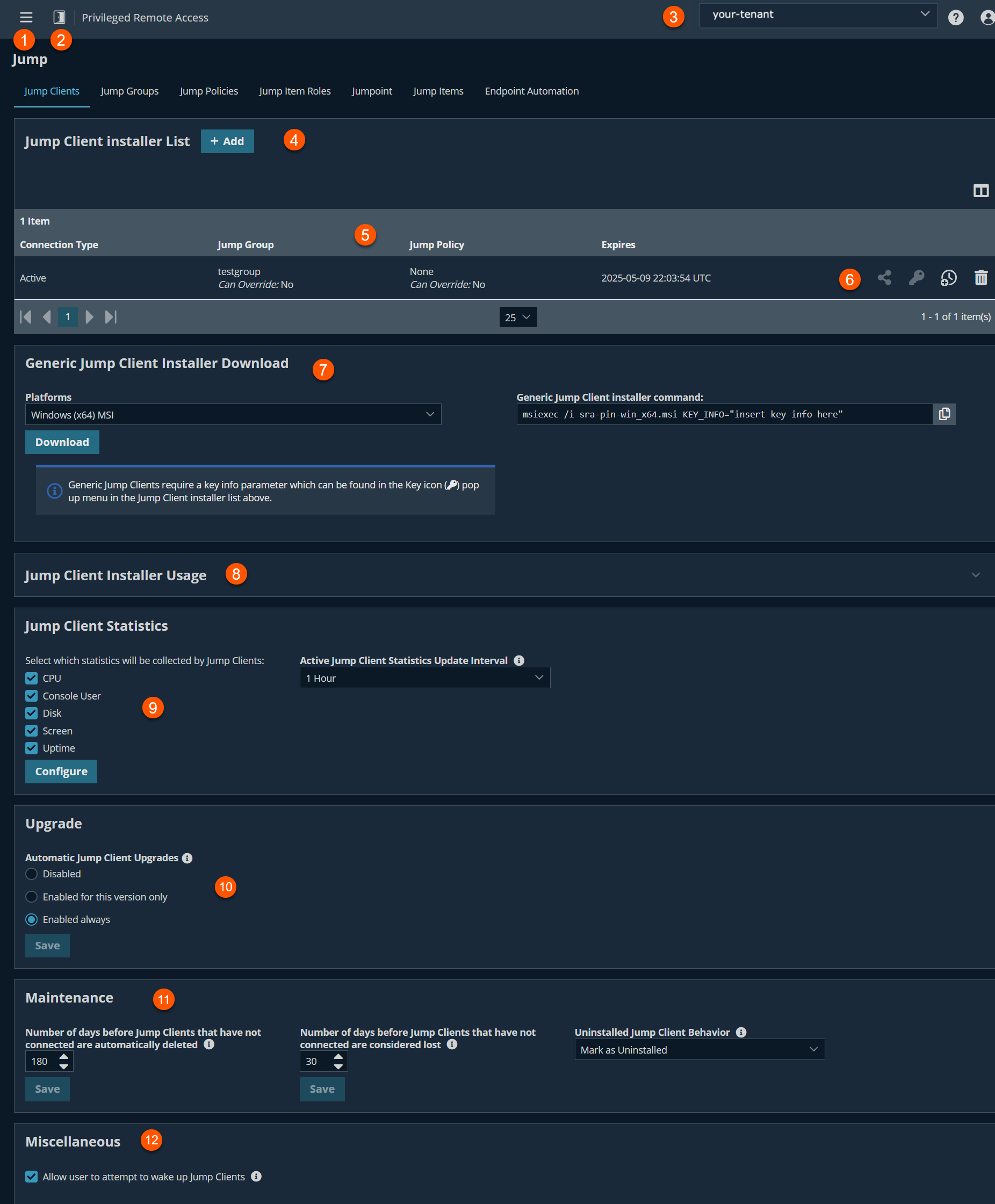 An image of the Jump Client Installer List interface in a remote access management software. The interface includes sections for adding and managing Jump Clients, downloading generic installers, configuring usage statistics, upgrading clients, maintaining inactive clients, and miscellaneous settings.
