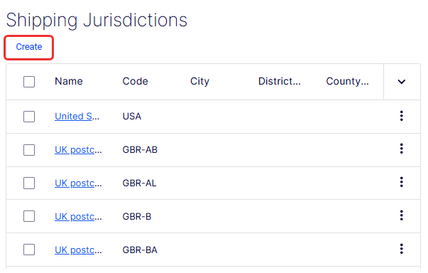 Shipping Jurisdictions list page showing jurisdiction records with pagination