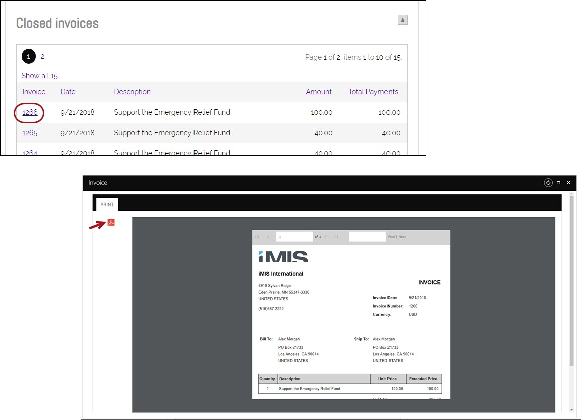 Selecting the invoice number to open the invoice for print
