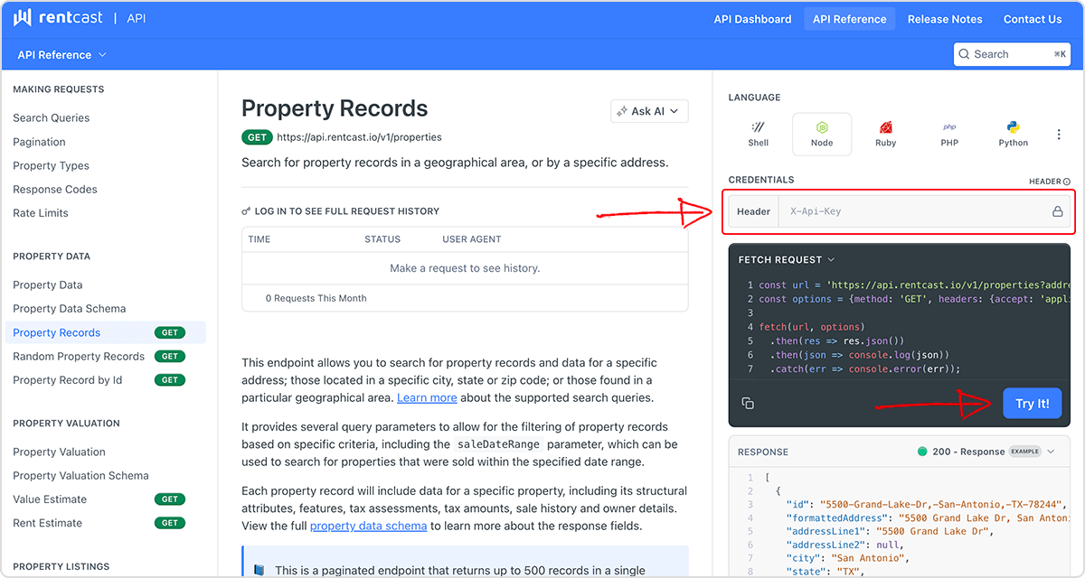Making test API requests in the browser playground