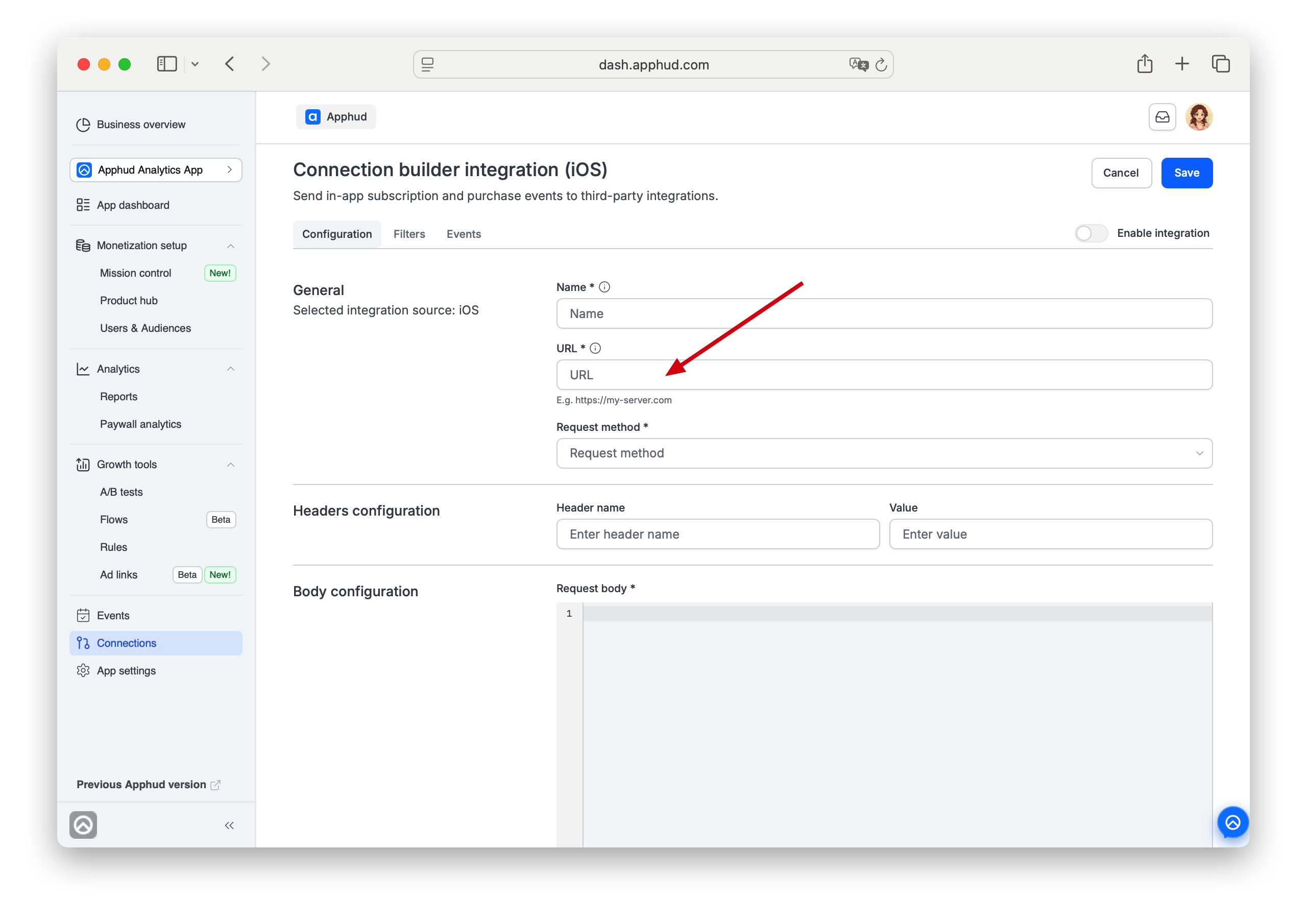 Apphud - Connection Builder Name and URL