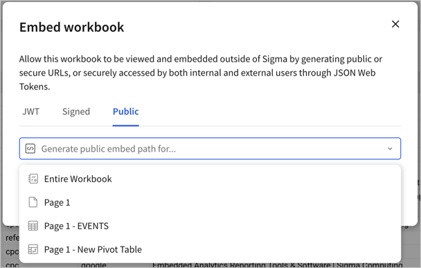 Embed workbook modal with generate public URL dropdown open to show the entire workbook, page 1 of the workbook, and two elements in the workbook by name.
