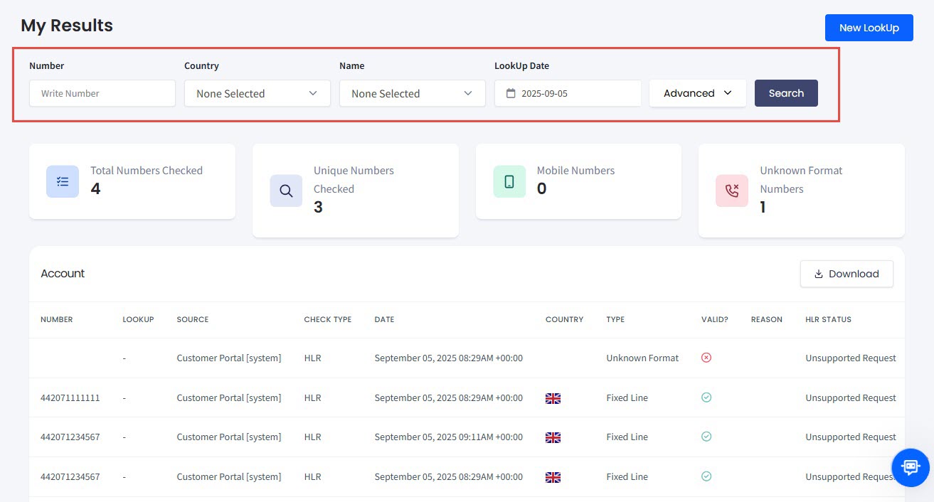 Screenshot with filtering lookup results