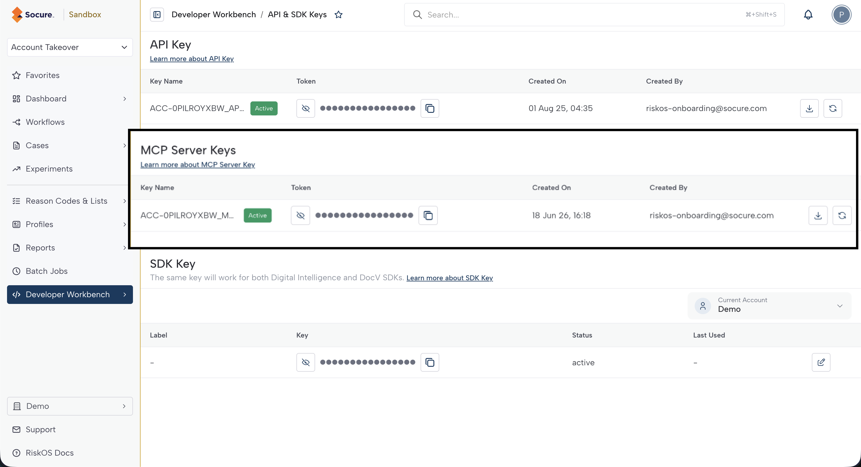 The MCP Server Keys section in the RiskOS™ Dashboard, showing a key name, generated token, Active status, and creation date.