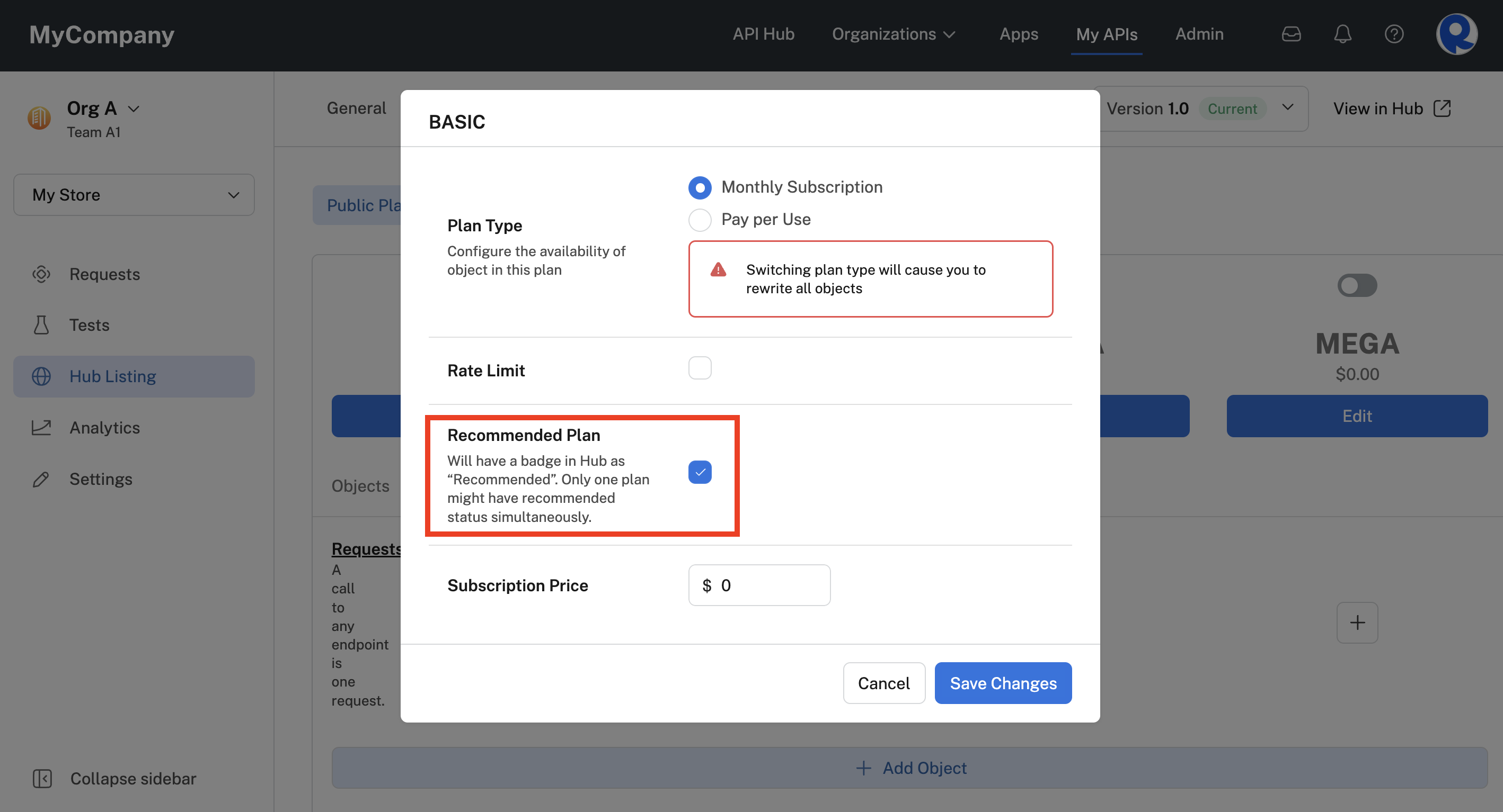 Specifying the "Recommended" label for an API's plan.