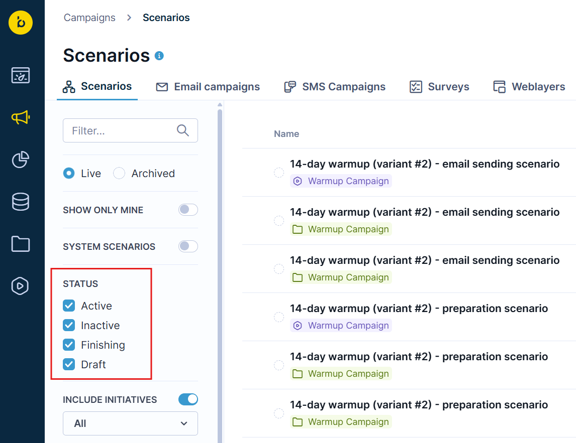 scenario_status_bloomreach.png Scenarios dashboard showing status filters for active, inactive, finishing, and draft scenarios in Bloomreach Engagement.