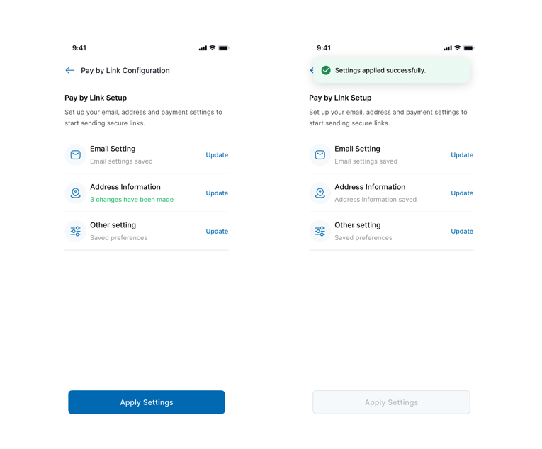 Tap to pay settings applied screen.