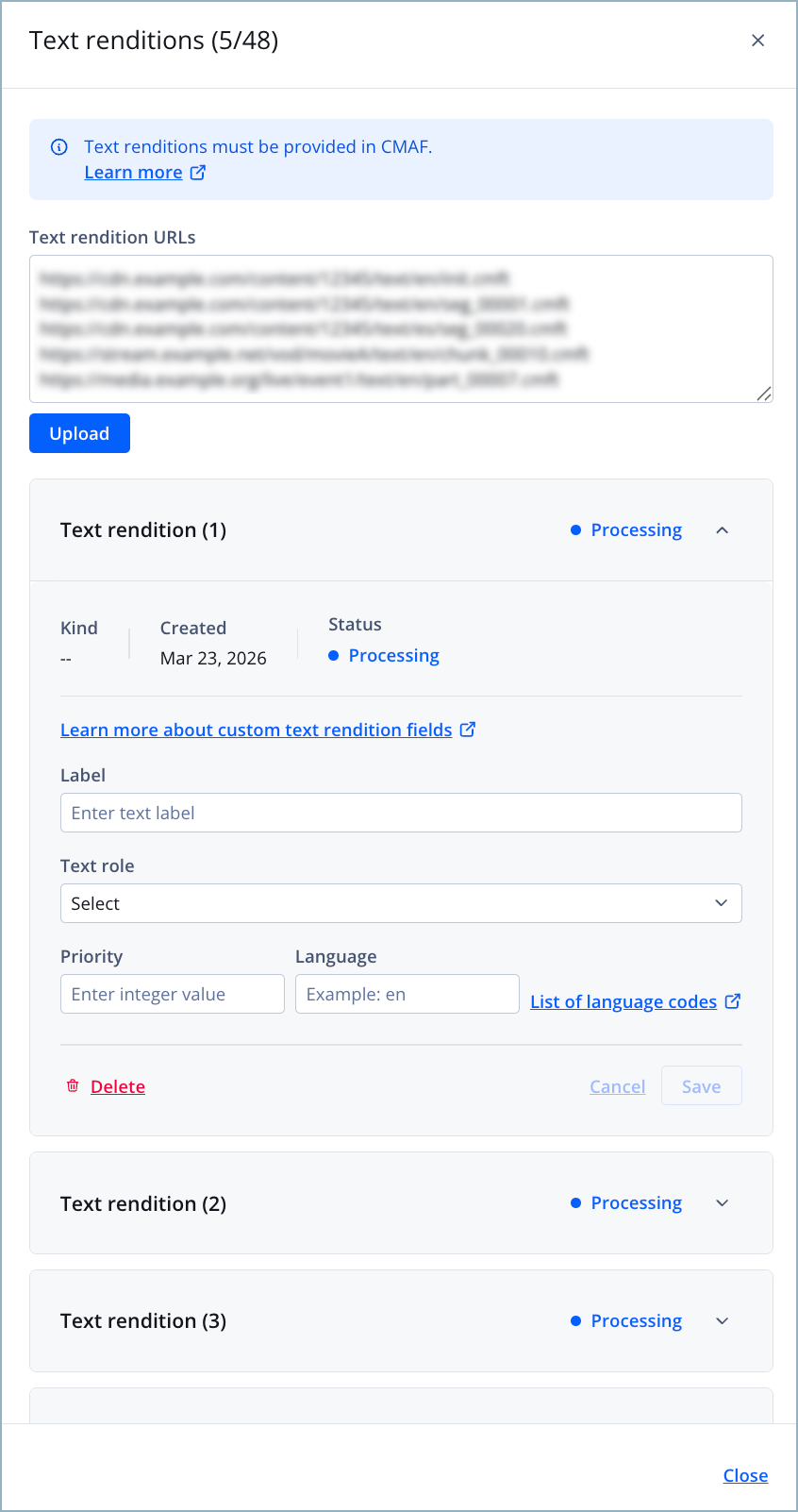 Text renditions panel
