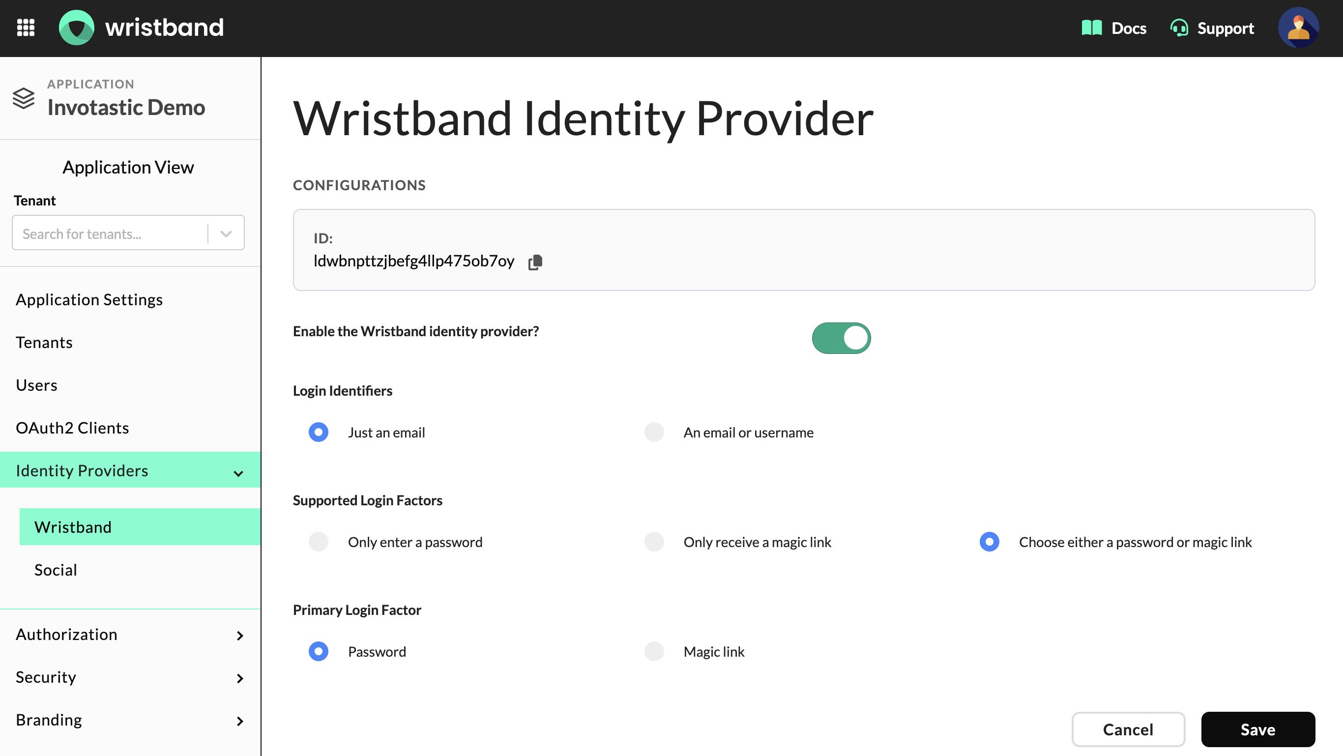 The Primary Login Factor setting is visible when both passwords and magic links are enabled.