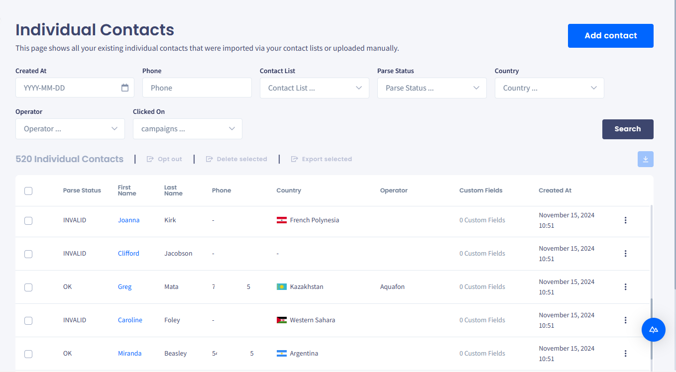 Screenshot of the Individual Contacts page