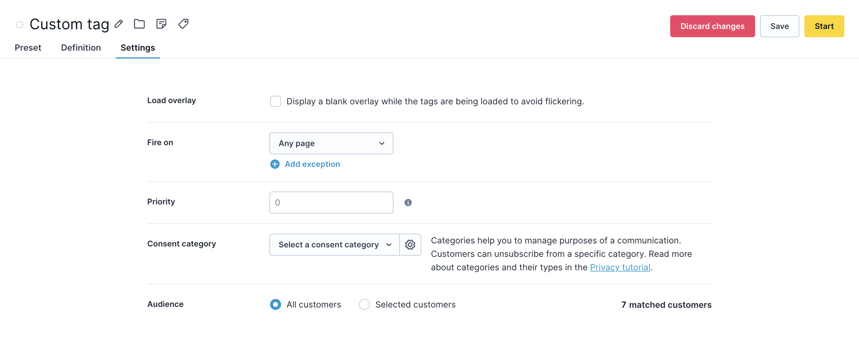 Settings section showing Fire on, Priority, Consent category, and Audience options