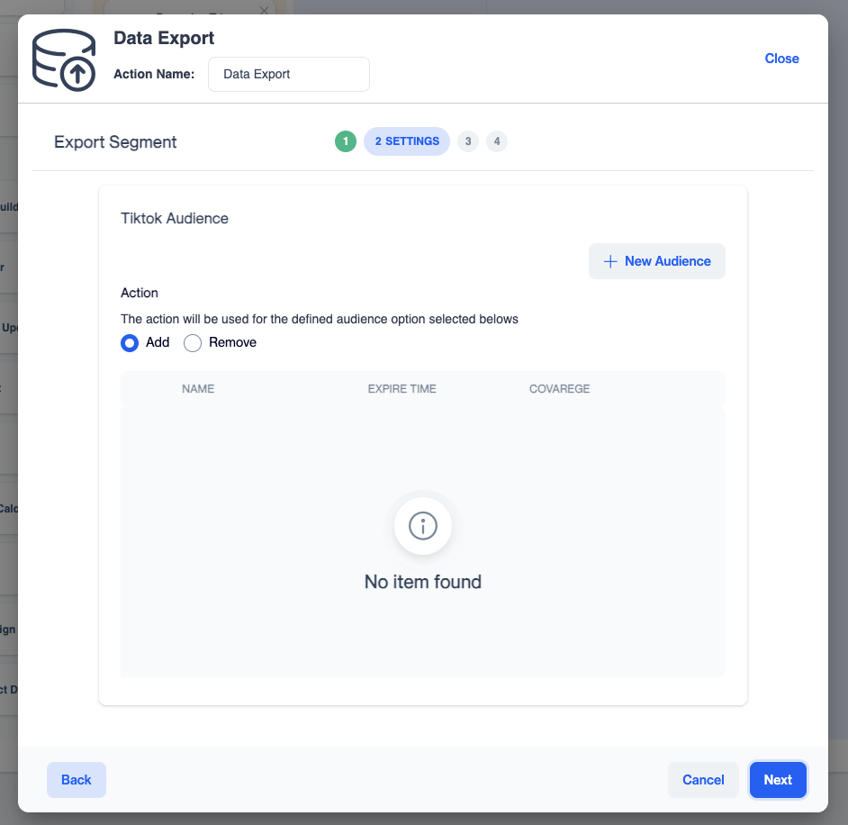 Tiktok Audience screen in the Settings step with the Add and Remove action options, the New Audience button and the audience table with Name, Expire Time and Coverage columns. 