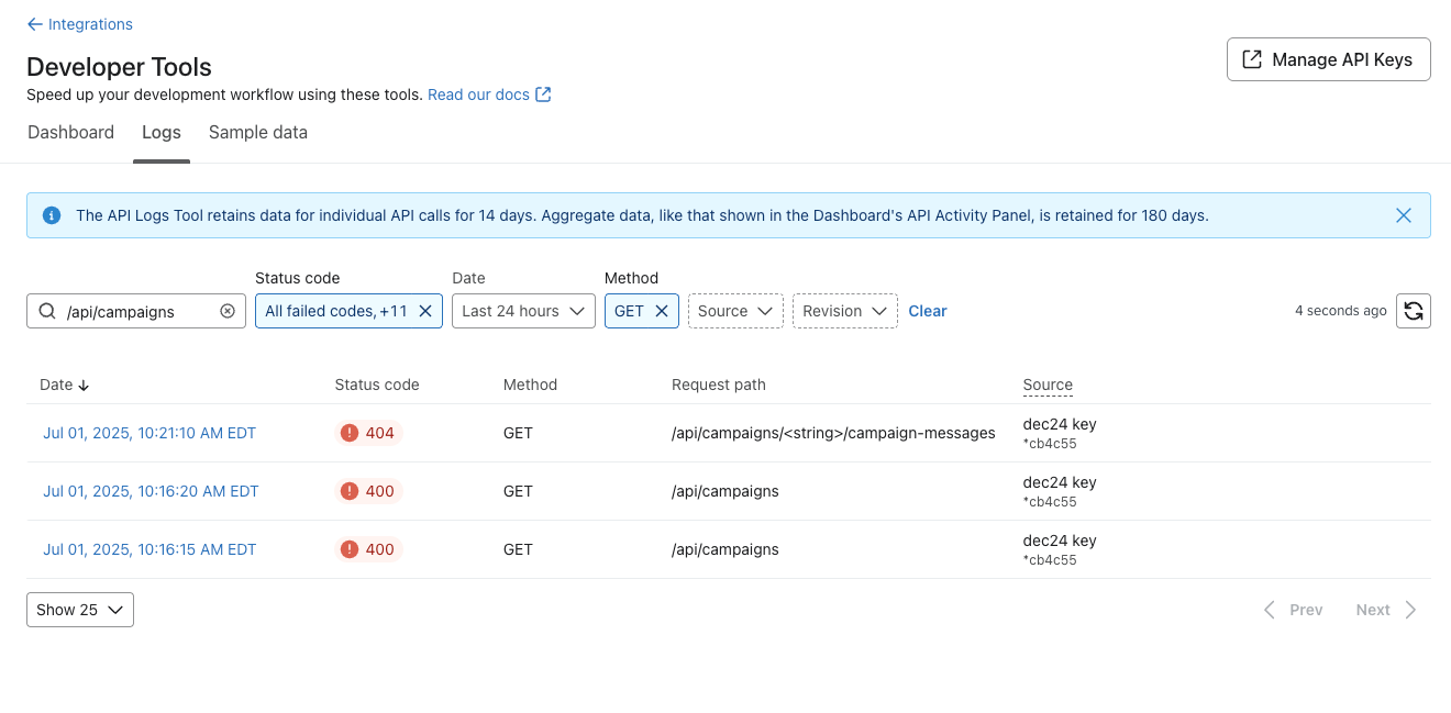 Example of a filtered view of API calls