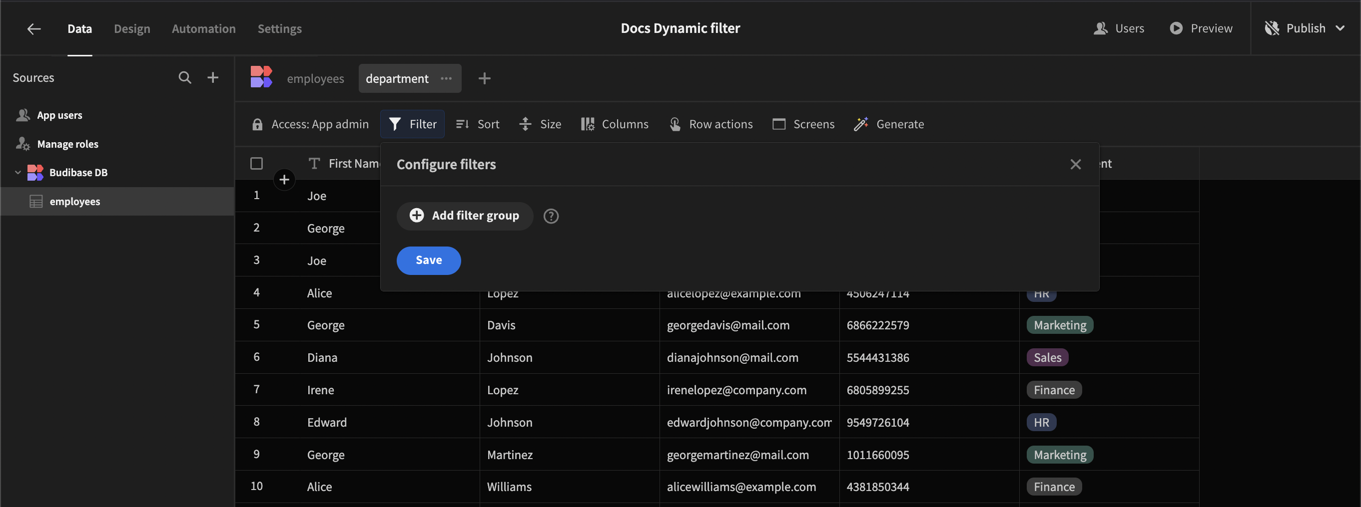 Dynamic filter in the data view area of your Budibase app.