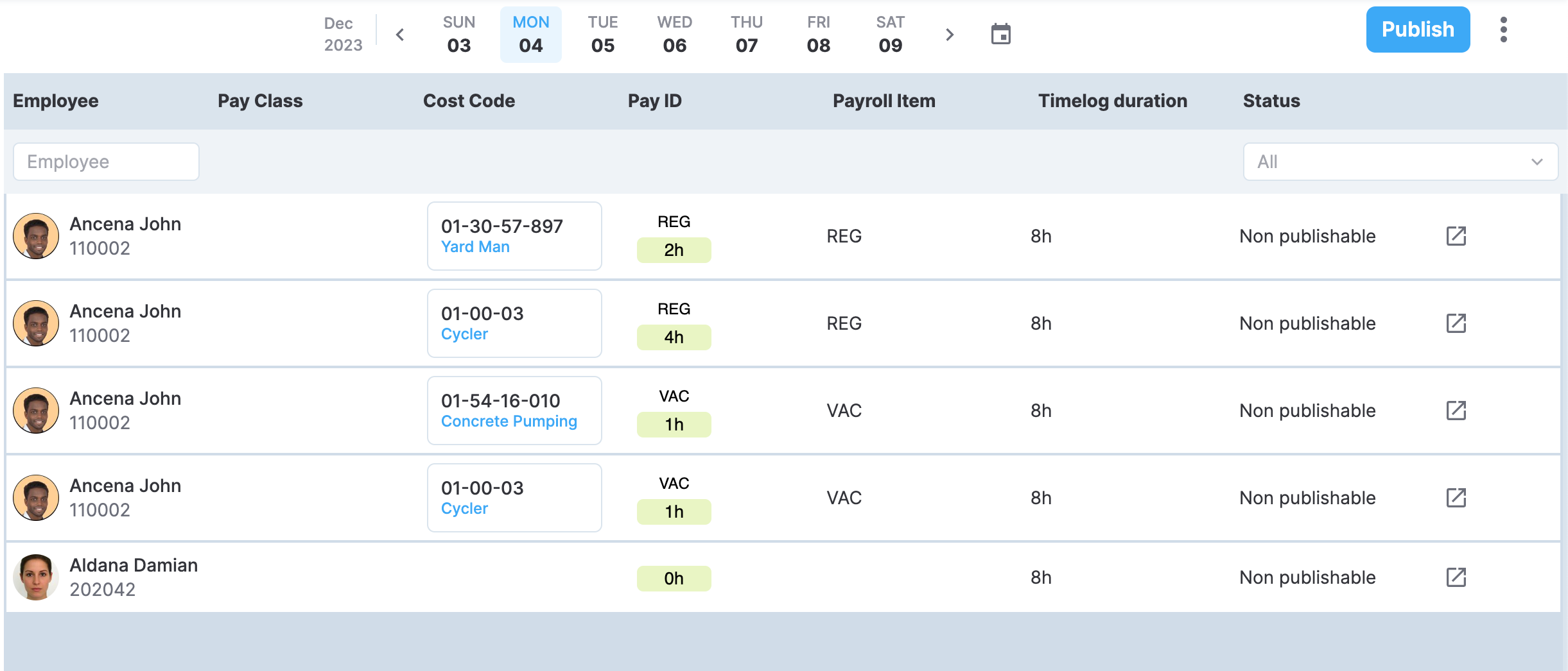 Example of a timecard table