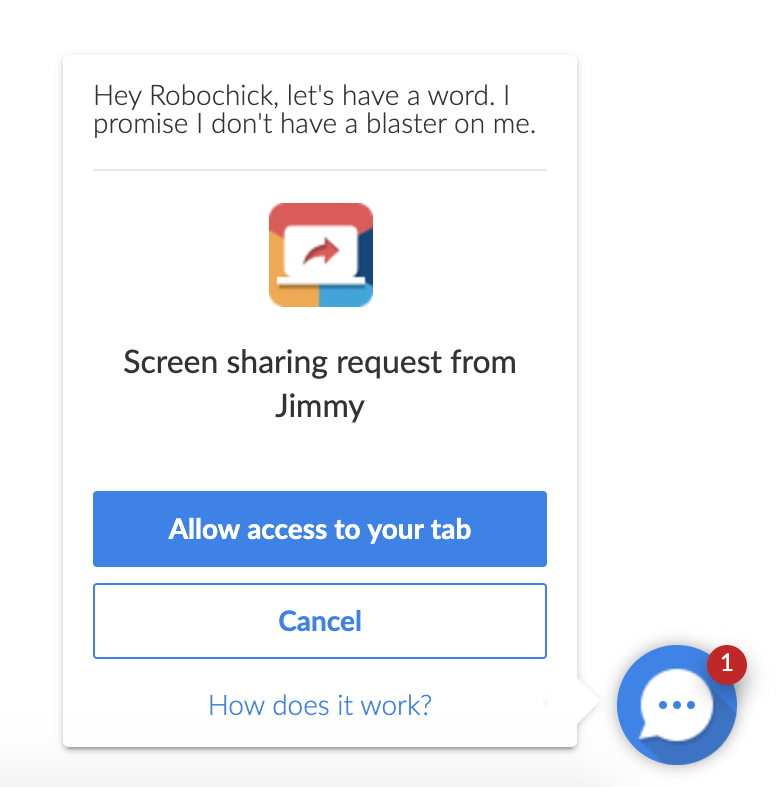 "Screen sharing request" popup.