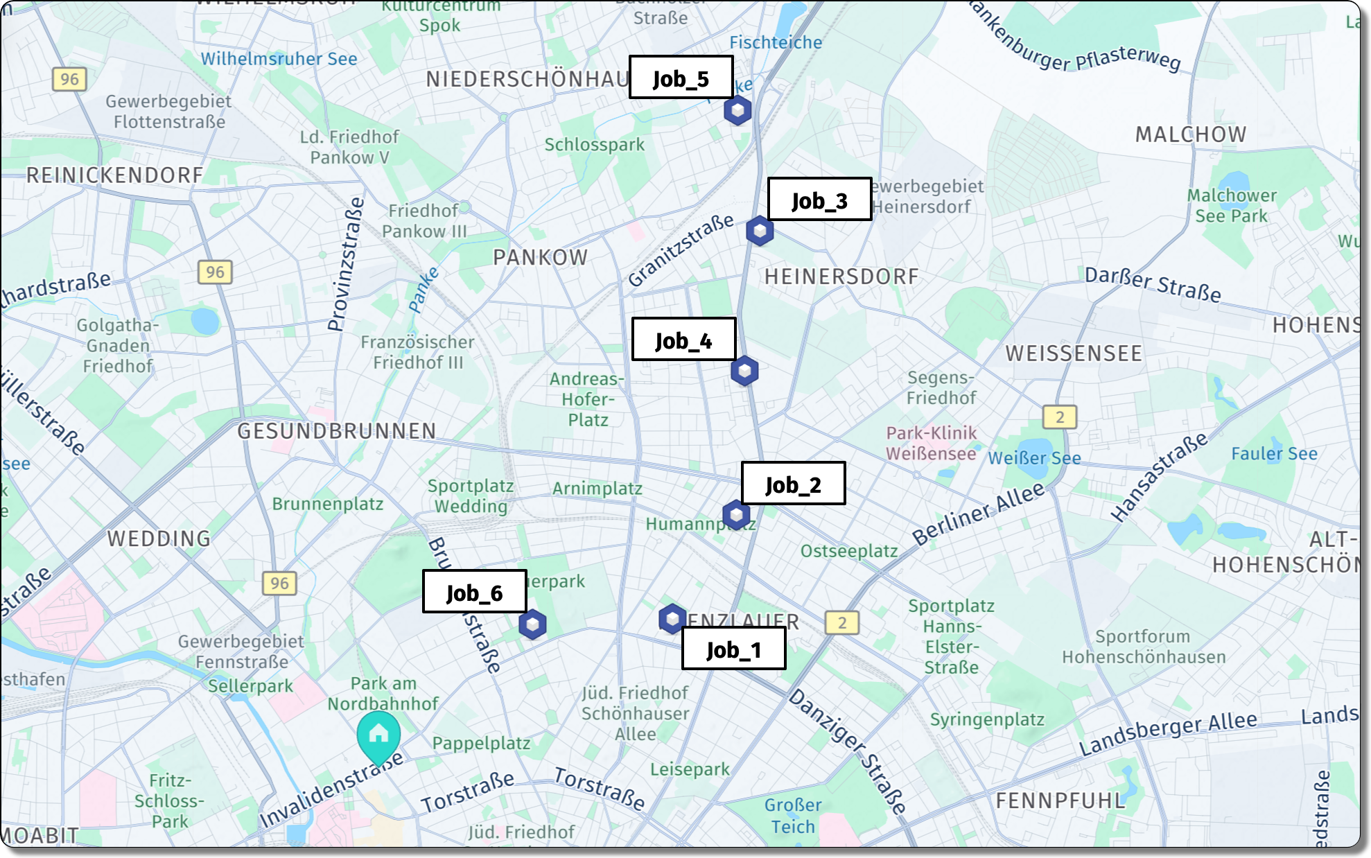 Depot and job locations for the sample comparison scenario