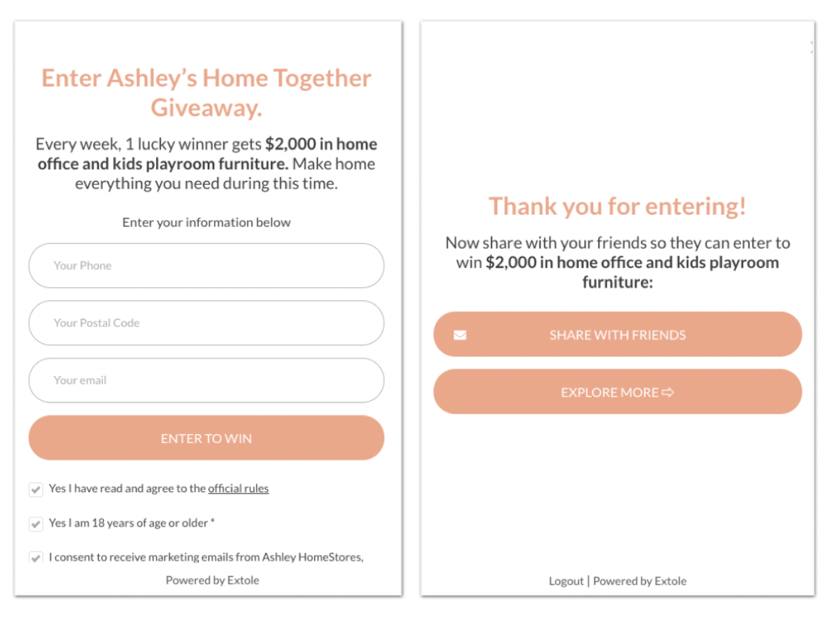 The entry expereince for the Ashley Furniture Sweepstakes program