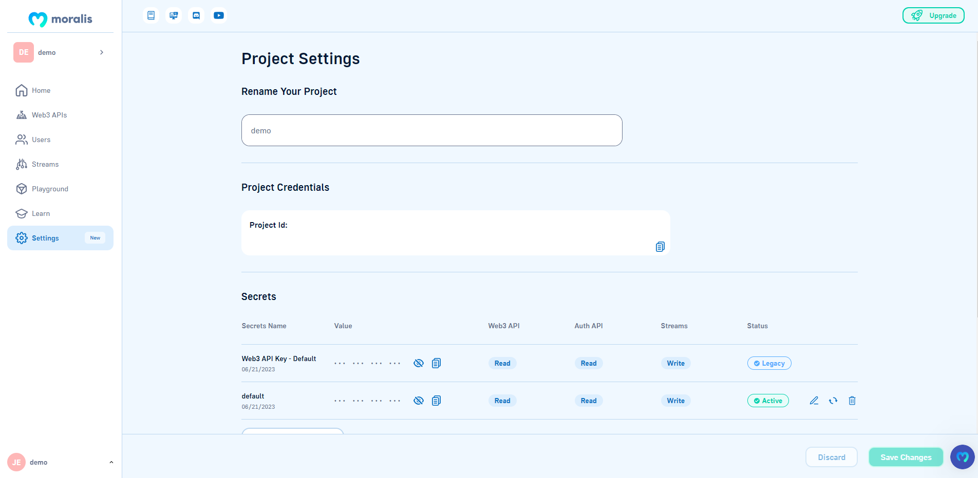 Project Settings Page