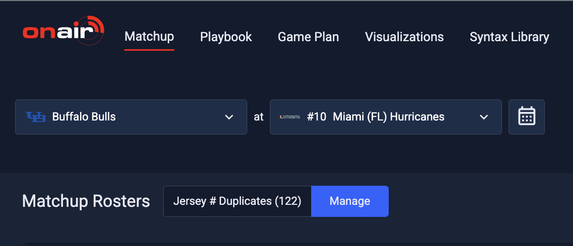 OnAir matchup page showing the Jersey # Duplicates count and the Manage button
