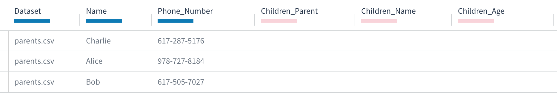 The Children_Parent, Children_Name, and Children_Age attributes are 100% empty, while the Dataset, Name, and Phone_Number attributes are 100% populated.