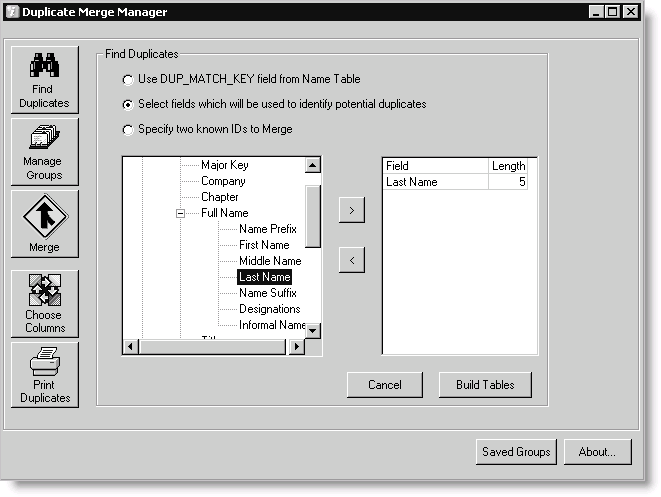 In this example, DMM will search for all Name records in which the first five characters of LAST_NAME are identical. Records with the same criteria value or match key will be grouped together.