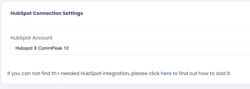 Screenshot with Hubspot Connection Settings