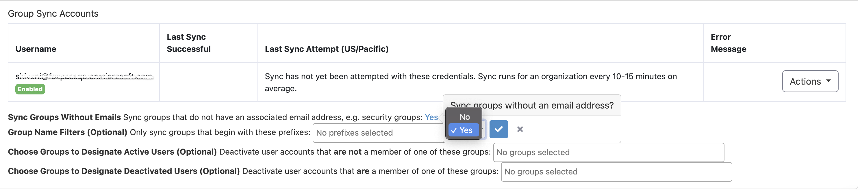 Select 'Yes' to Sync groups without emails