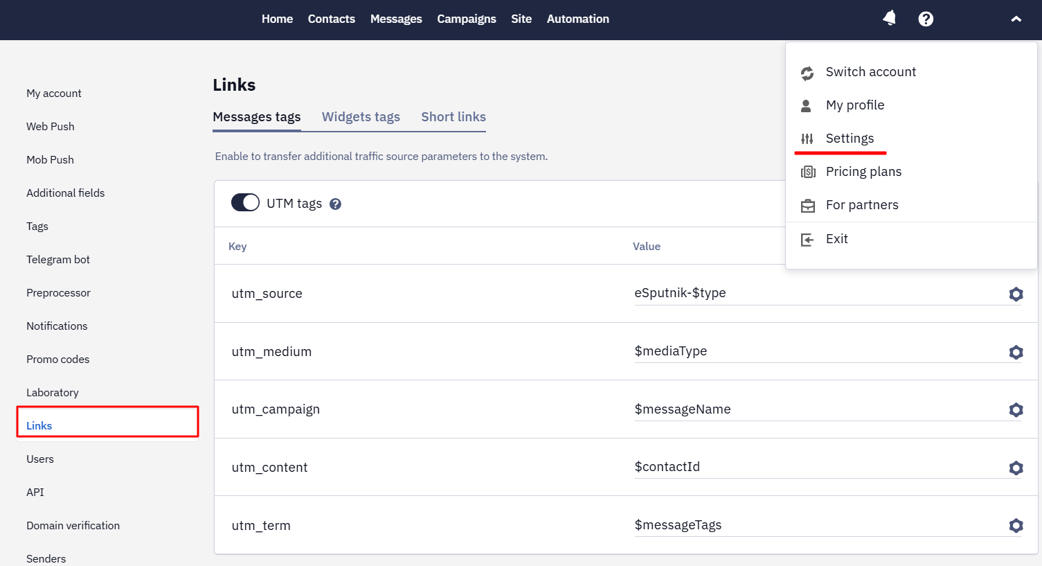 Settings Links section in eSputnik account for global UTM tag configuration