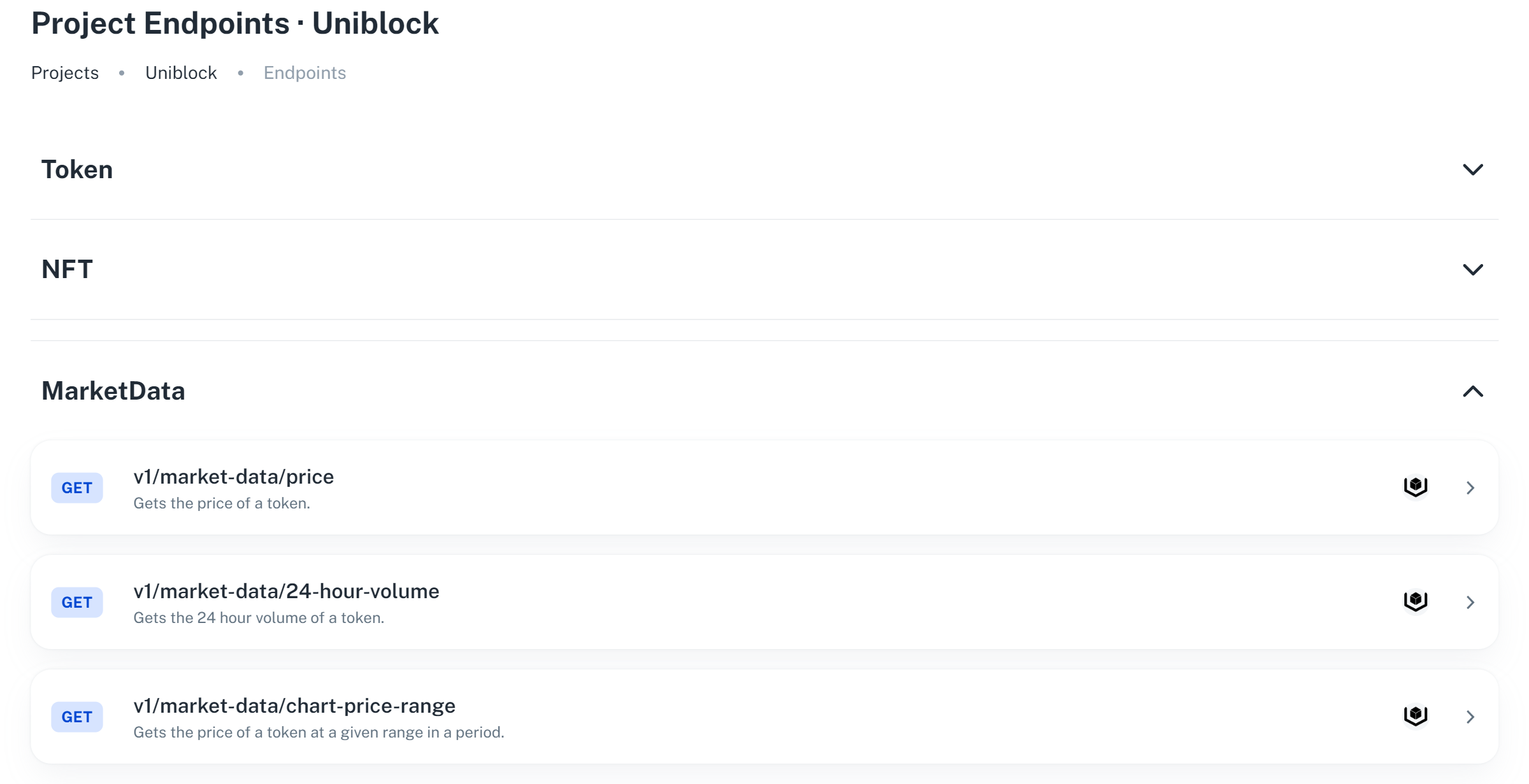 Uniblock Dashboard Endpoints with Token, NFT, MarketData categories.