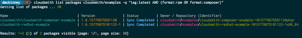 CLI search for tag "latest" and two formats