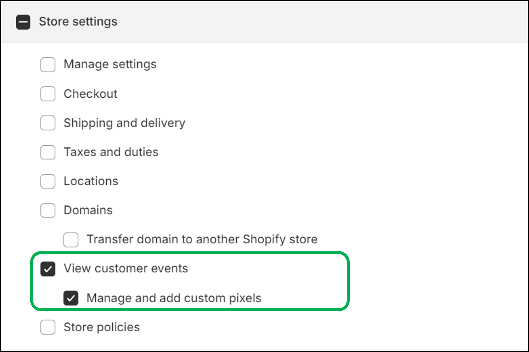 Shopify permissions for View customer events and Manage and add custom pixels