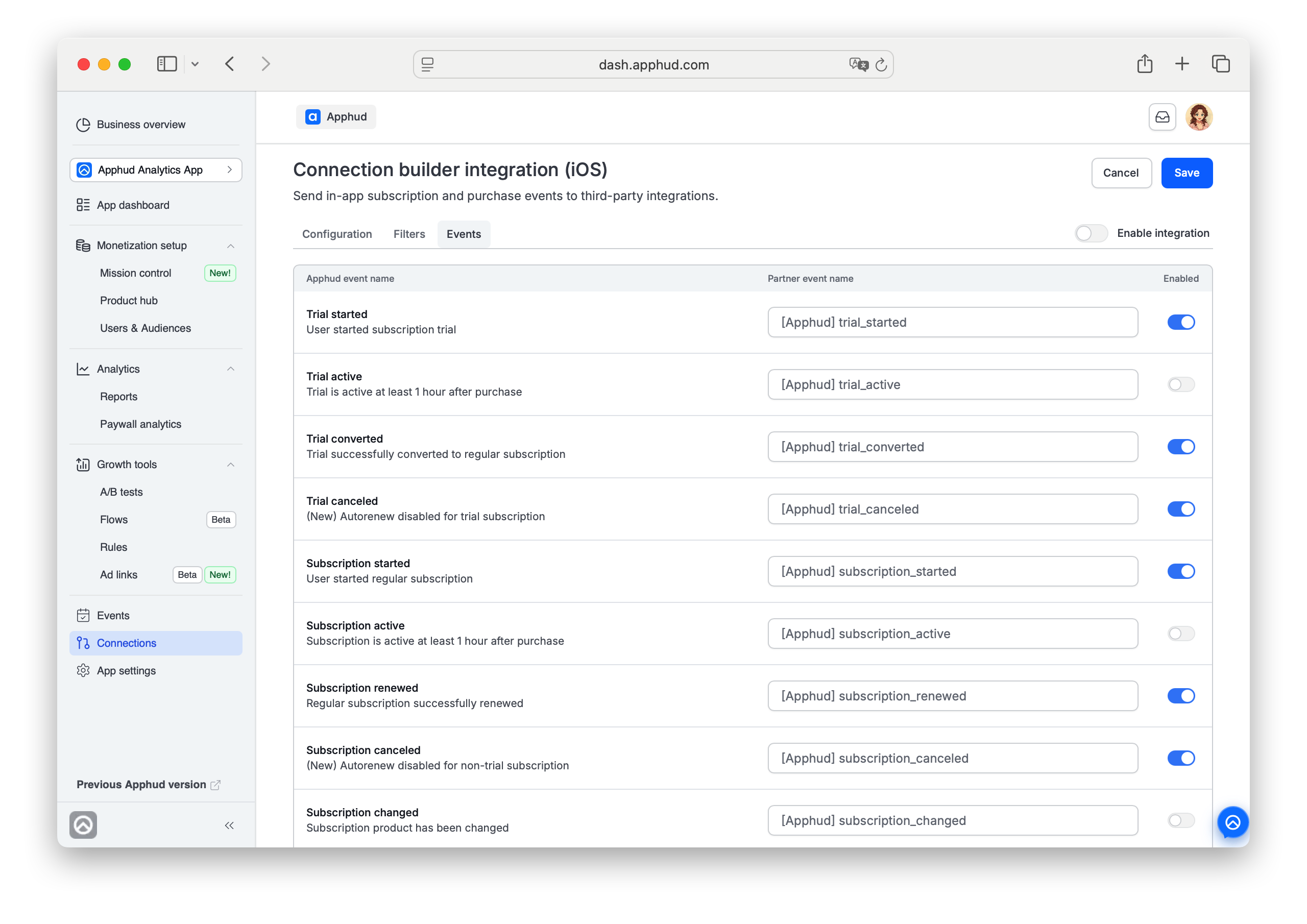 Apphud - Connection Builder events list