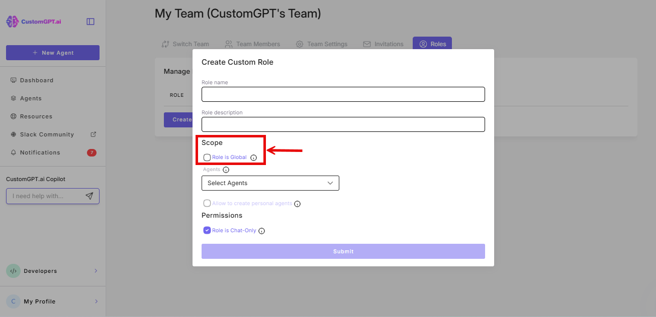 Screenshot: Role is Global checkbox deselected