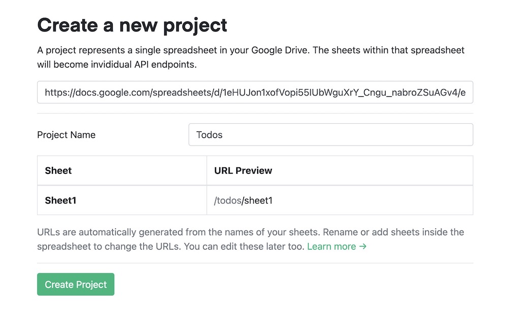 Paste the link of the spreadsheet and click the "Create Project" button.