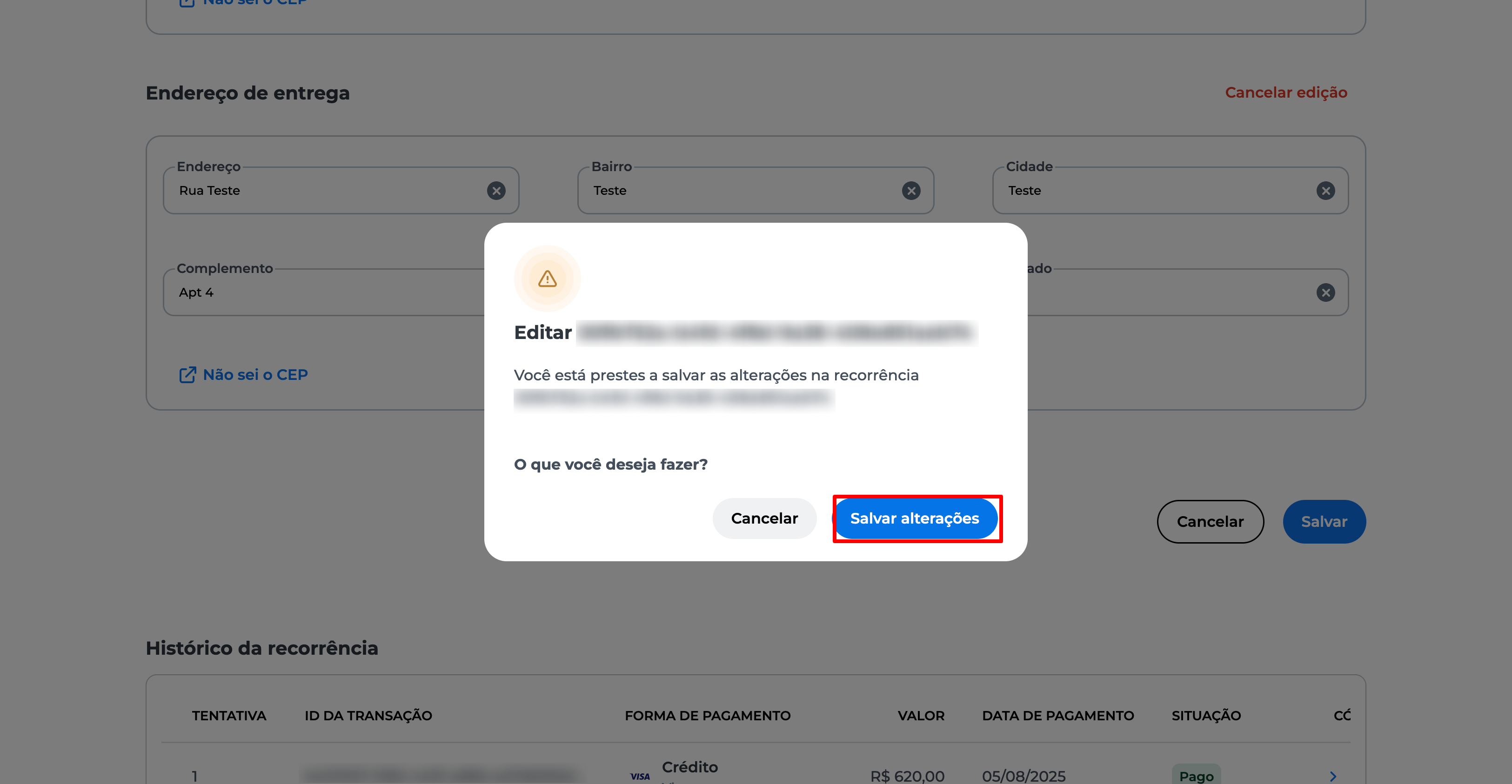Tela de confirmação no Portal E-commerce da Cielo, exibindo os dados preenchidos e o botão "Salvar" em destaque para finalizar a edição da recorrência.