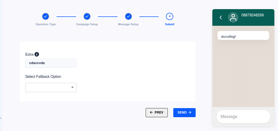 WhatsApp message setup screen for a call to action template