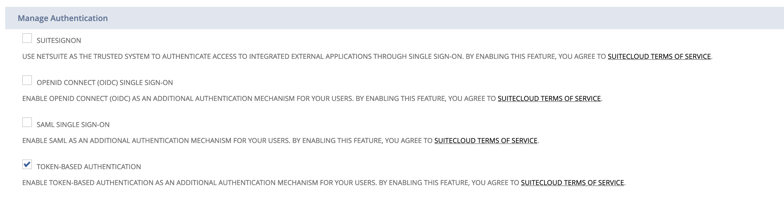 Authentication features to enable.