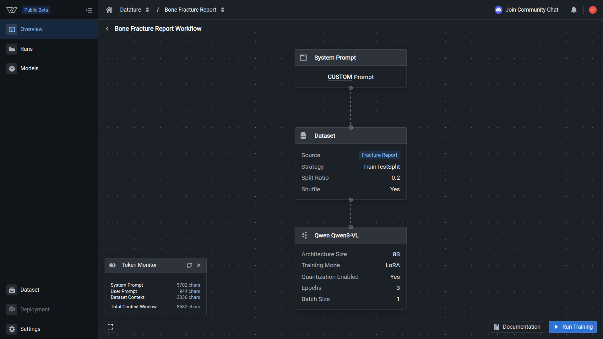The workflow canvas Model node showing a selected architecture and parameter size with all settings configured
