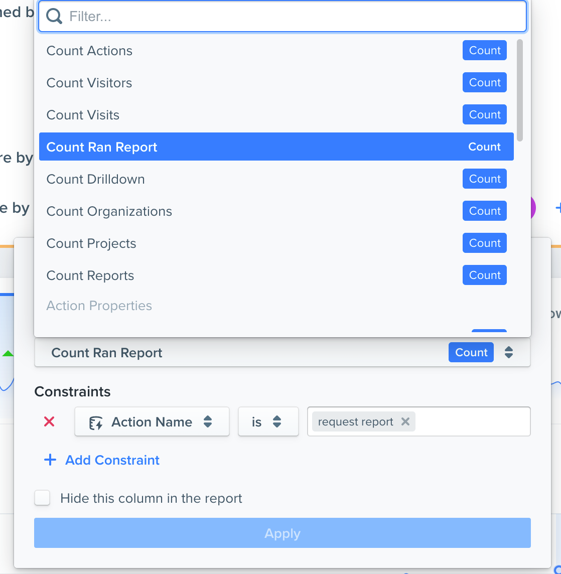 You can also add constraints to measures. For example, to show a count of users who did a specific action, you can define what is included in the count totals.