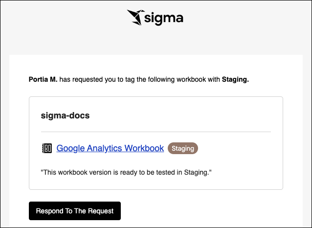 Body of the email request, with details about the user making the request, workbook name, tag, and organization of the workbook.
