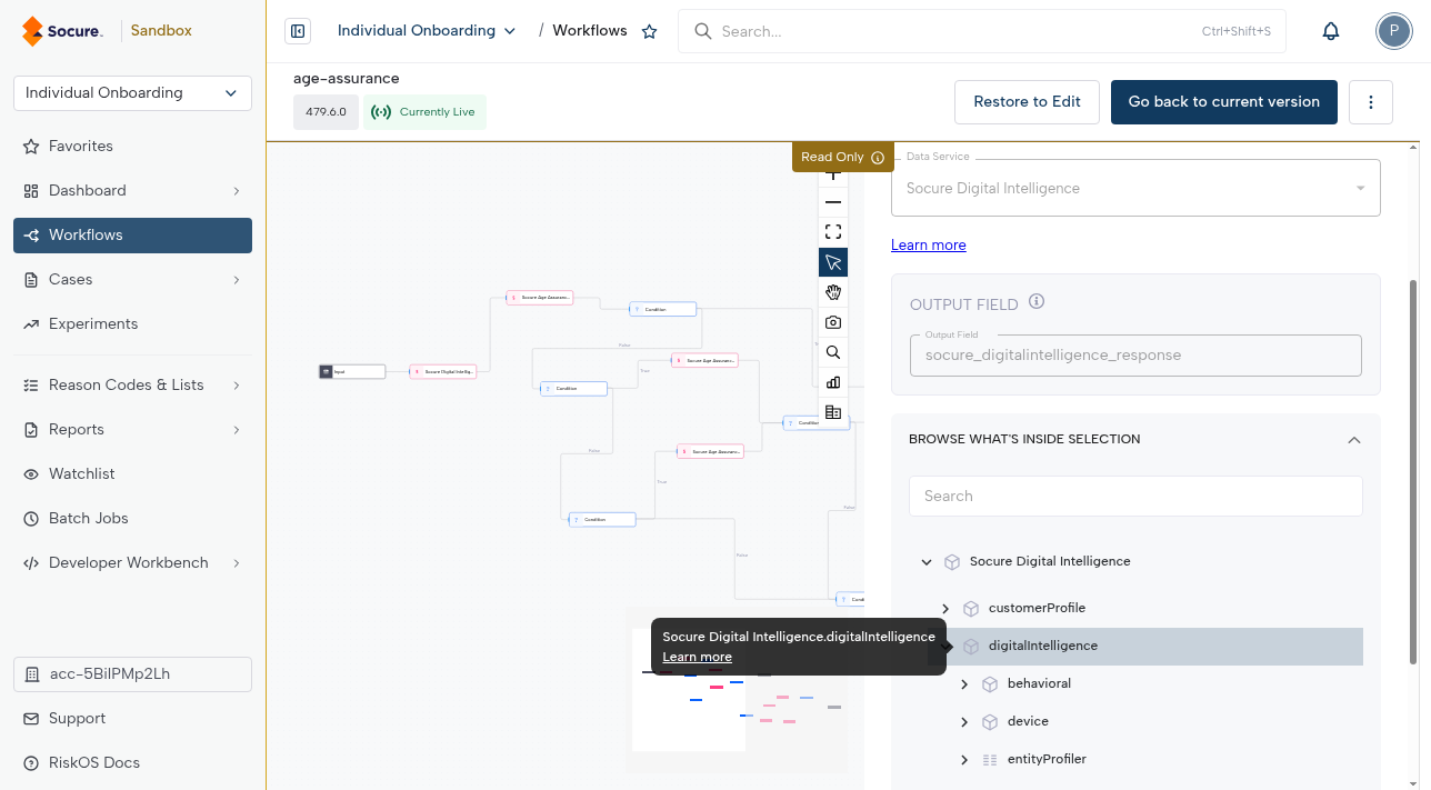RiskOS™ Dashboard Browse What's Inside Selection tree showing the expandable fields returned by an enrichment