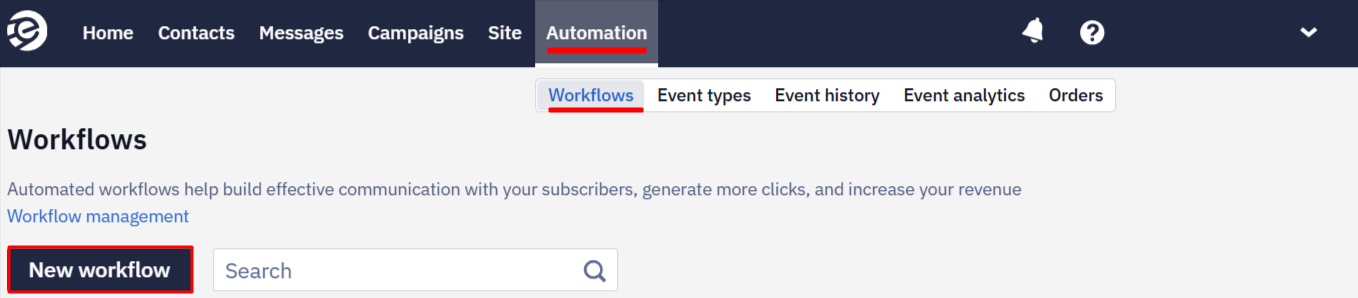 New workflow button in Automation Workflows section