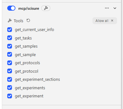 LM Studio showing available SciSure MCP tools after authentication
